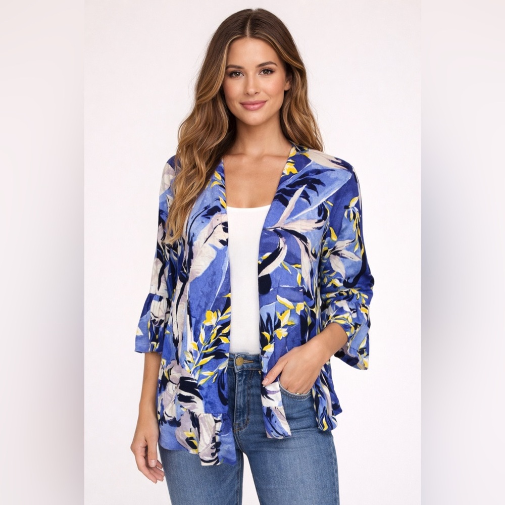 Chico’s Blue Floral Cardigan Sweater 1 M 8 Linen